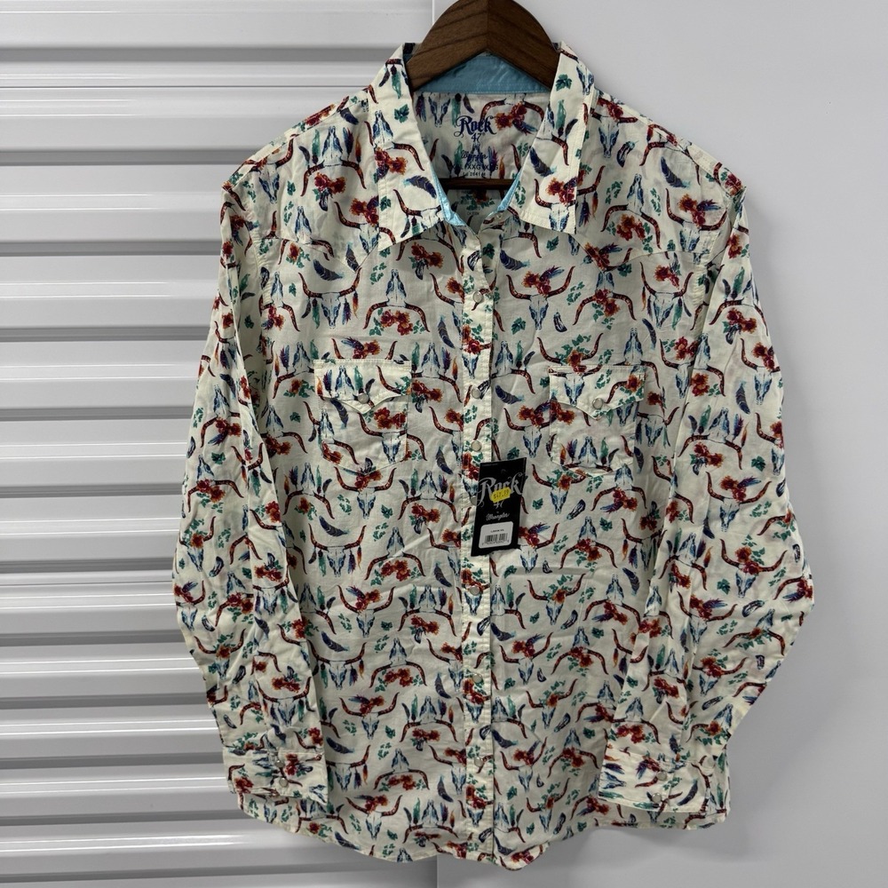 Rock 47 Wrangler XXL Western Shirt Longhorn Skull Floral Pearl Snap‎